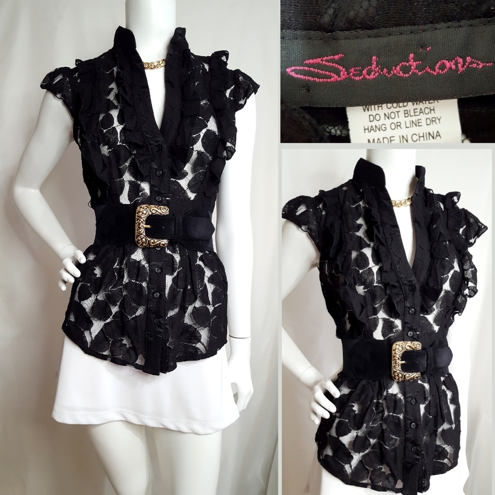 90's-Y2K💋Seductions🖤Black Floral Sheer Ruffle Frill Peplum Top - Picture 1 of 9